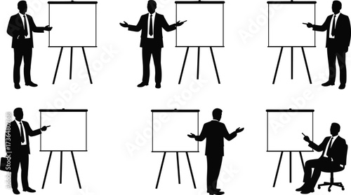 PrintBusiness silhouettes with presentation boards, corporate people in suits, teamwork, seminar, training, leadership, office communication, professional strategy, meeting, analysis