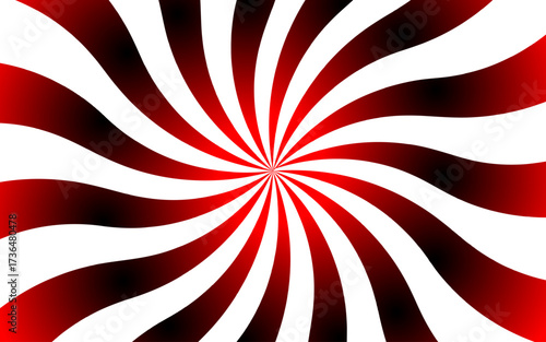 Abstract background with vintage sun rays swirling pattern and retro spiral stripes. REd and white twisted sunburst texture creates radiant beams, ideal for posters, templates, sunrise, and retro d