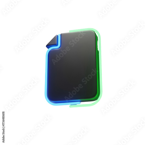 A black document icon with a blue and green neon outline, isolated on transparent background