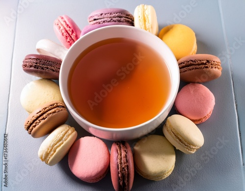 assorted macarons with cup of tea