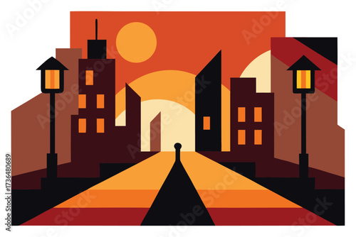 Geometric Cityscape with Buildings, Streetlights, and Sunset in Warm Autumnal Colors Illustration