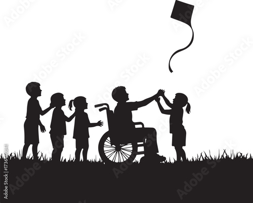 Silhouette of man in wheelchair and children flying kite