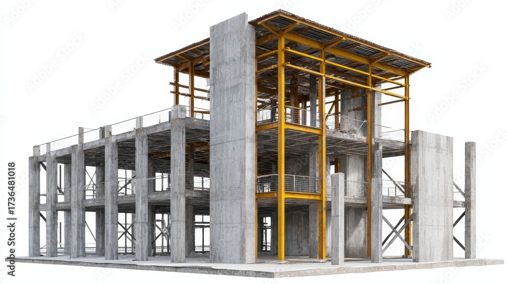 Obraz premium Multi story building under construction featuring a concrete and steel framework, symbolizing growth, development, housing, modern architecture, and urban renewal