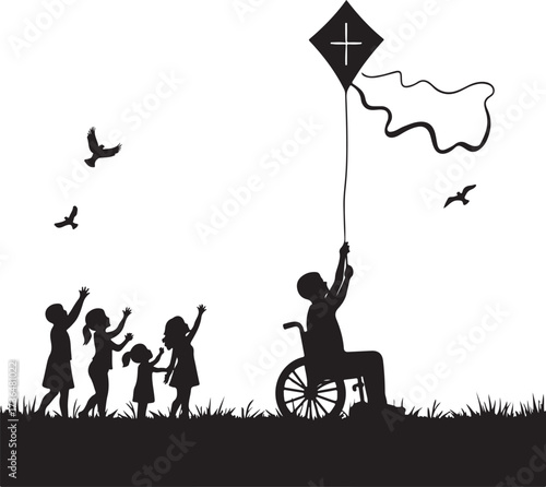 Silhouette of person in wheelchair flying kite with children watching