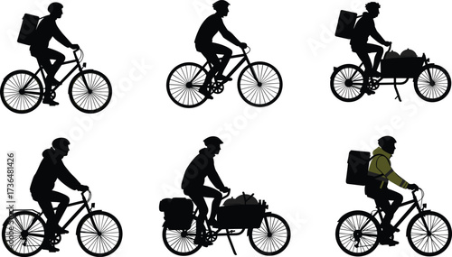 PrintFood delivery cyclist on bicycle, courier with backpack, cargo bike transport, urban logistics service, meal delivery man, fast courier rider