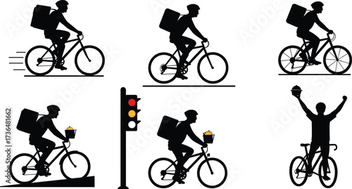 PrintFood delivery cyclist riding bicycle, courier service transportation, fast delivery man with backpack, traffic light safety, urban delivery success celebration