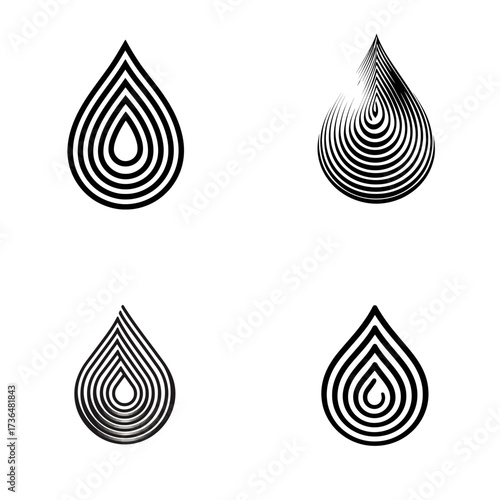 Minimalist water drop set, black and white line art, modern design for wellness, purity, or liquid-related branding. isolated on transparent background