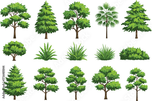 Collection of fifteen illustrated trees and shrubs with diverse shapes, foliage patterns, and canopy structures arranged in grid for design"