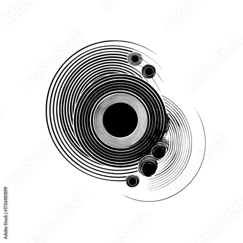 Abstract black linear design with orbiting elements, ideal for modern branding, technology, or scientific concepts, vector illustration. isolated on transparent background