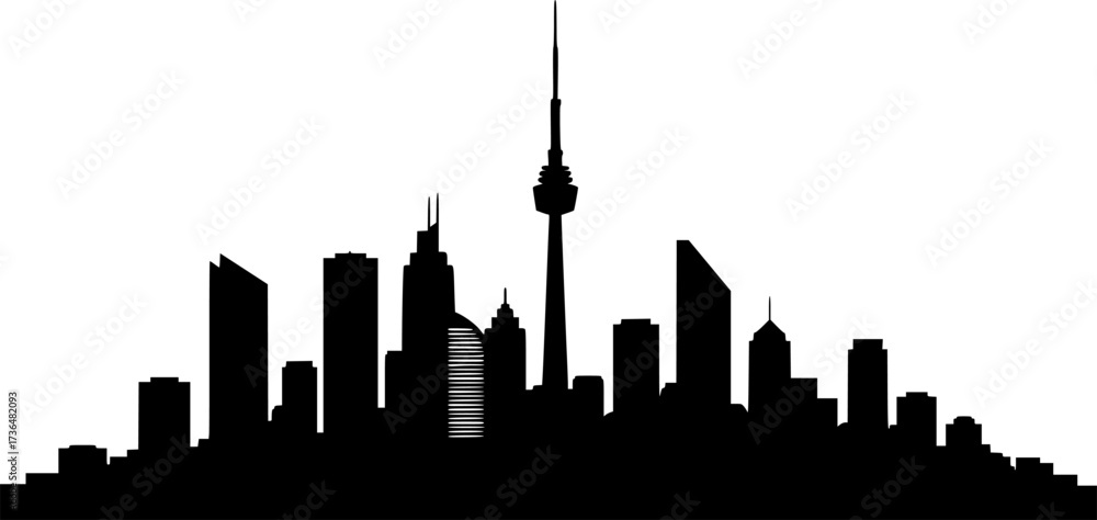 Fototapeta premium Modern city skyline with three tall skyscrapers and a curved base silhouette isolated on white background 