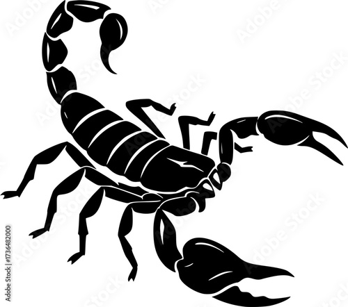 Stylized black scorpion silhouette with eight legs and curved tail isolated on white background
