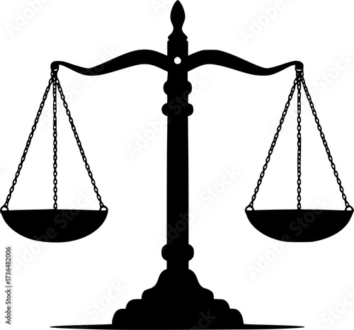 Black silhouette of justice scales symbol of law and balance isolated on white background
