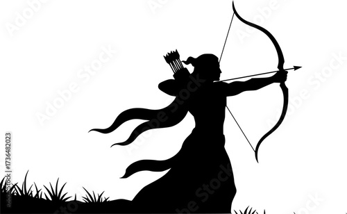 Mythical archer with bow and arrow silhouette isolated on white background
