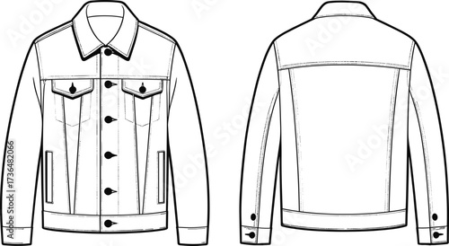 Fashion sketch, denim jacket design, black and white illustration, button front, chest pockets, pointed collar, seam details, cuff sleeves, back yoke, garment template