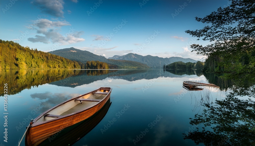Obraz premium boat on still reflective lake water