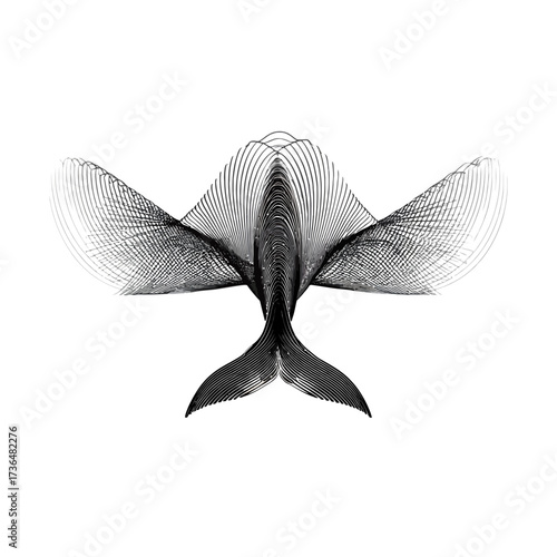 Elegant humpback whale tail fluke vector illustration, black and white engraving style for ocean conservation, marine biology, and branding. isolated on transparent background