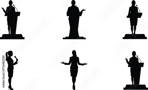 PrintSilhouette businesswoman speaking at podium, female leader presentation, conference speech, motivational speaker, public speaking, leadership communication, political debate,