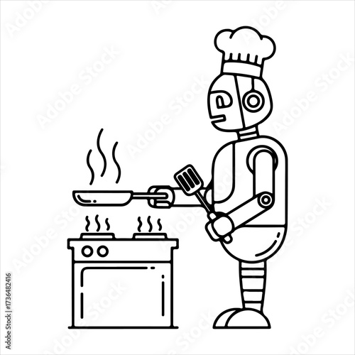 Icon of a humanoid robot wearing a chef hat cooking on a stove, representing culinary automation and artificial intelligence in the kitchen