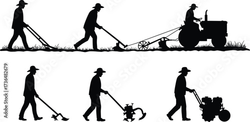 PrintSilhouette farmers working in field, traditional plowing, tractor farming, modern agriculture tools, rural life, cultivation process, crop growing, farming machinery