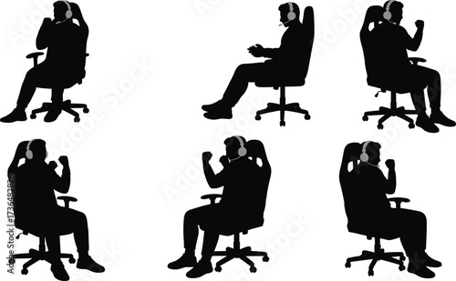 PrintSilhouette gamer celebrating victory with headset, esports player on gaming chair, online video game man, streaming competition, gaming excitement expression