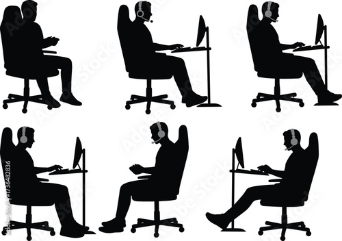 PrintSilhouette gamer with headset at computer desk, esports player sitting on gaming chair, online streaming man, video game competition setup