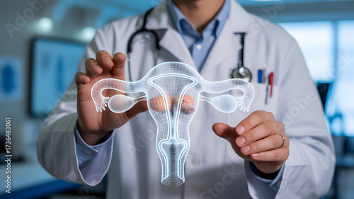 Doctor analyzes stunning 3D uterus model for innovative gynecology research and cutting edge medical solutions in a modern, professional, vibrant office