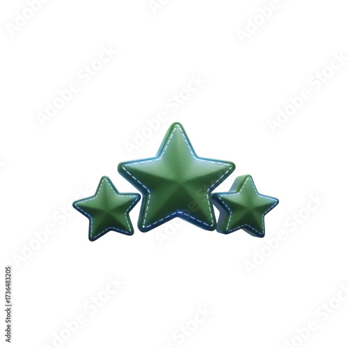 Three green stitched stars isolated on transparent background