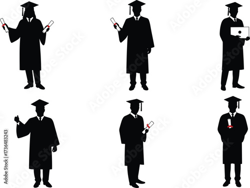 PrintSilhouette graduation student with diploma, academic success, cap gown ceremony, higher education achievement, university college graduate, degree celebration, successful milestone moment