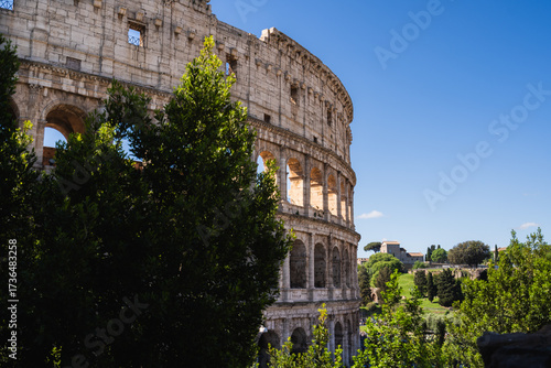 Colosseum structure stands against a clear blue sky, partially hidden by green trees