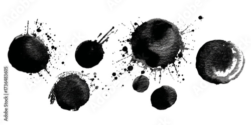 Creative black ink splashes and circles on a clean white background evoke a sense of artistic freedom and spontaneity in modern design