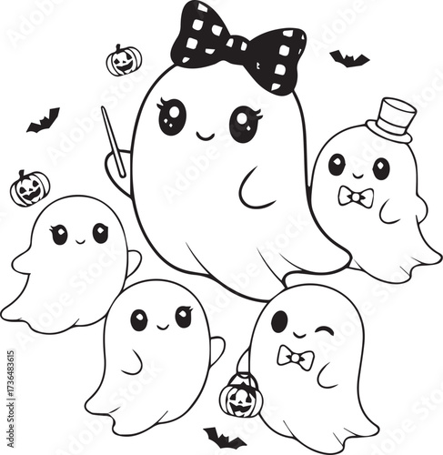 Cute Halloween Coloring Page with Ghosts and Pumpkins