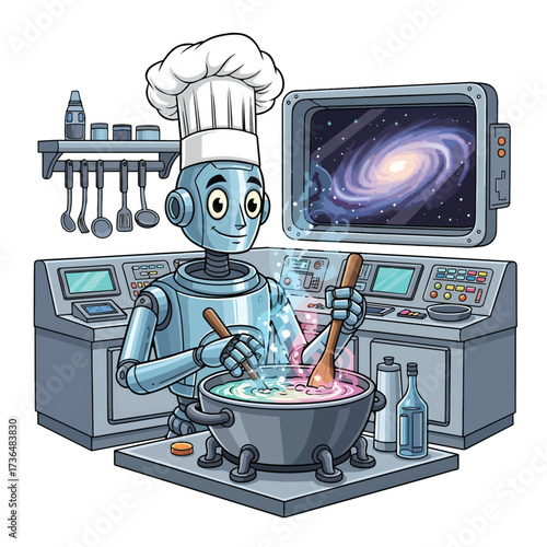 Humanoid Space Chef Robot Cooking Cosmic Soup