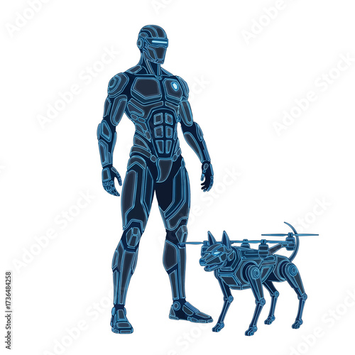 Futuristic Humanoid Police Robot with Drone Dog