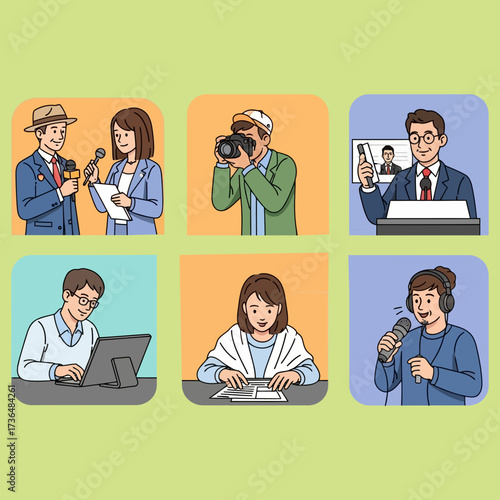 A collection of diverse characters representing various media professions, including reporters, photographers, and writers in a flat vector illustration style