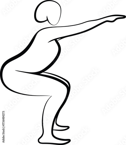 Continuous line drawing person in squat pose with arms extended forward Continous line drawing