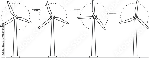 Flat vector wind farm, renewable energy turbines, sustainable power generation, eco friendly electricity symbol, industrial infrastructure graphic, airflow rotation design, green energy illustration