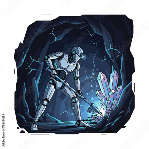 Humanoid Miner Robot Extracting Futuristic Crystals