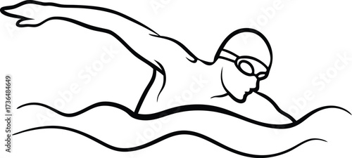 Line drawing a swimmer in goggles cap surfacing from Continous line drawing swimming