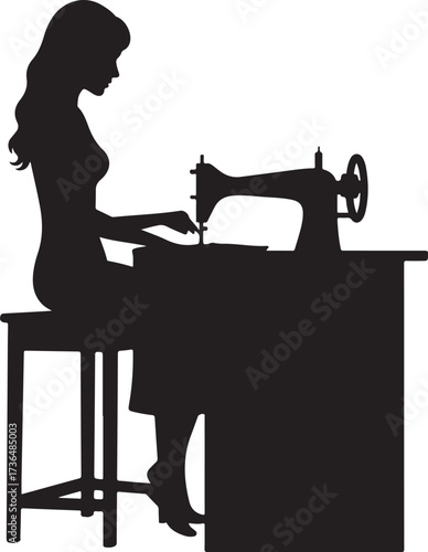 Silhouette of woman sewing on vintage machine sewing machine