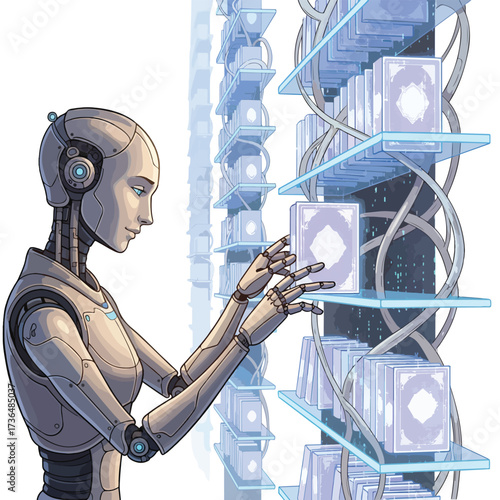 Futuristic Humanoid Librarian Organizing Smart Shelves