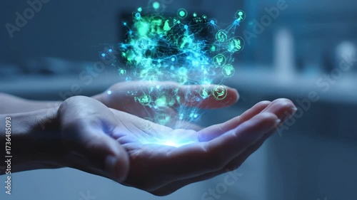 Futuristic AI Interface Above Hand - A hand cradles a glowing, holographic AI interface. The video conveys concepts of artificial intelligence, digital innovation, and futuristic technology.