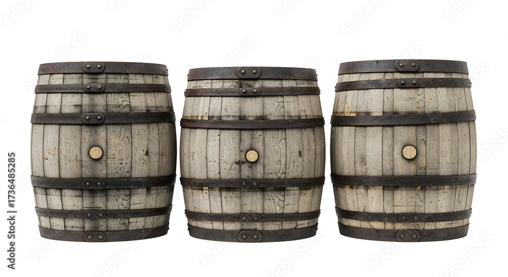 Obraz premium Three old wooden barrels isolated on transparent background