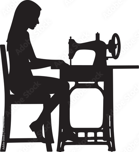 Silhouette of woman sewing on vintage sewing machine