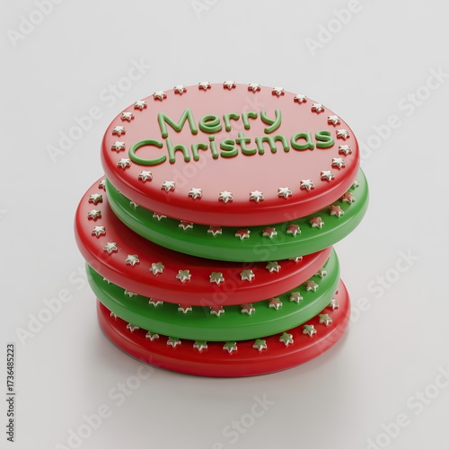 Stack of round merry christmas cookies decorated with red and green icing