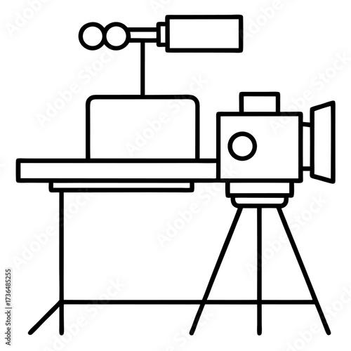 Outlined broadcasting camera on tripod symbolizing television production and media content creation for online video platforms and filmmaking