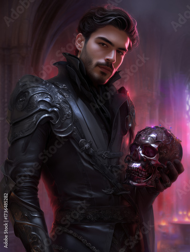 portrait of a young noble man with a jewelled skull - generative ai