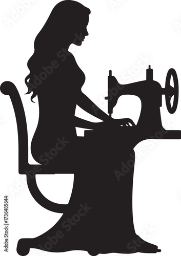 Silhouette of woman sewing on vintage sewing machine
