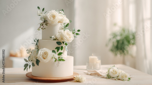A stunning three-tiered wedding cake with white rose decorations, ready for the wedding celebration.