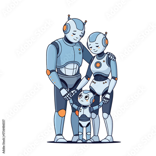 Humanoid Robot Family Standing Together Illustration
