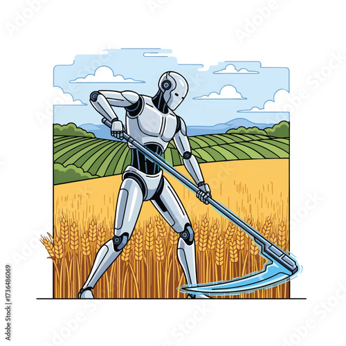 Humanoid Robot Harvesting Crops Illustration